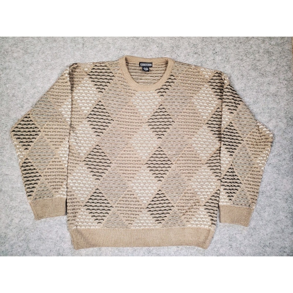 Vintage Jantzen Mens Sweater Geometric Crewneck Tan Beige Long Sleeve Size XL